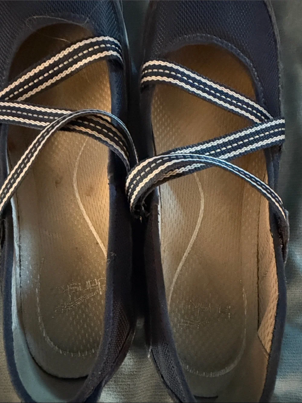 Dansko Navy Cross-Strap Casual Flats with Striped Elastic